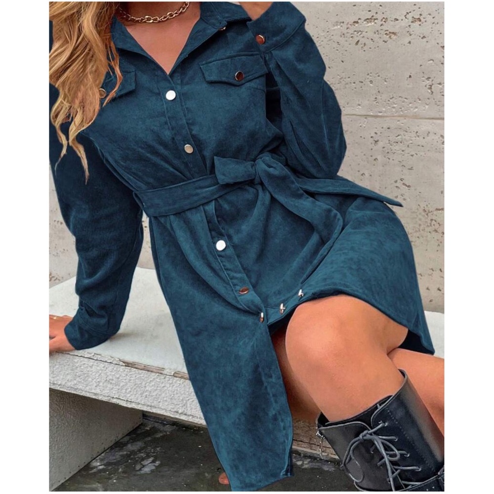 Corduroy Button Down Belted Long Sleeve Shirt Dress - Picture 3 of 10